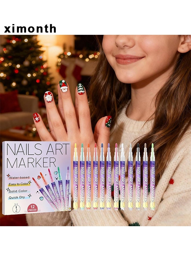 ximonth 12 Pcs Nail Pen, Nail Art Markers, Nail Art Graffiti Pen Waterproof Nail Polish Pen Quick Dry Nail Art Painting Pen DIY Abstract Lines Pen For Nail Art Portable Tip Nail For Painting Draw Nail Art Equipment, Nail Art Markers Polish Pen For 3D, 12 Colors - Image 2
