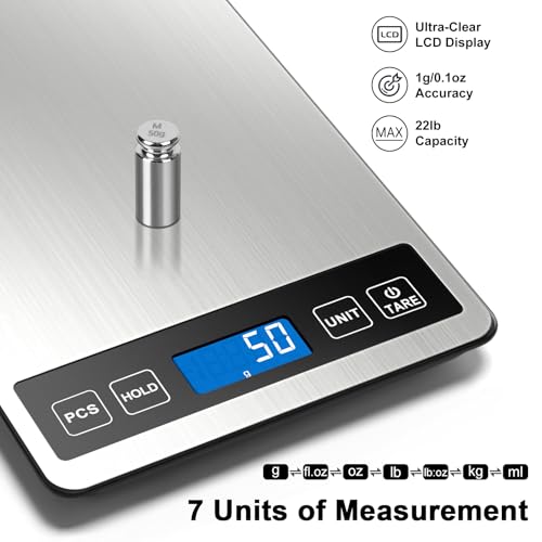Fuzion Food Scale, 1g/0.1oz Digital Kitchen Scale - 22lb, 7 Units, Tare & PCS, Rechargeable Power, Tempered Glass & Stainless Steel - Food Weight Scale Grams and Ounces for Cooking, Baking - Image 2