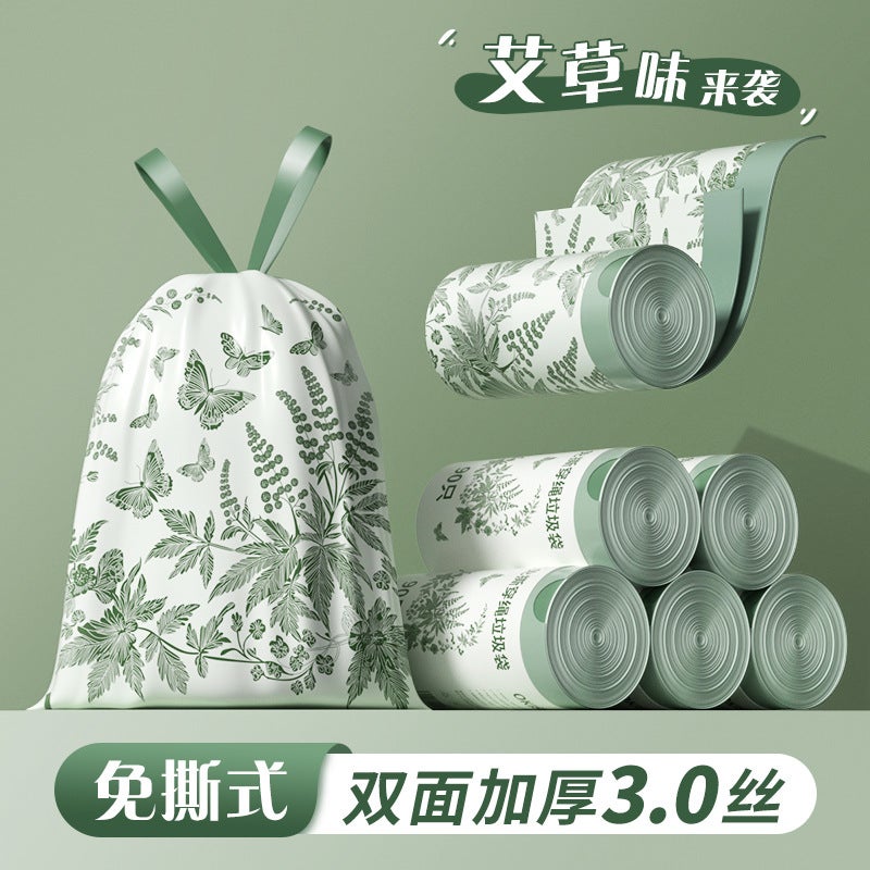 Garbage Bag Drawstring-Drawing Household Artemiweed Fragrance Printing Tear-Free Portable Thickened Kitchen Large Plastic Bag - Image 2