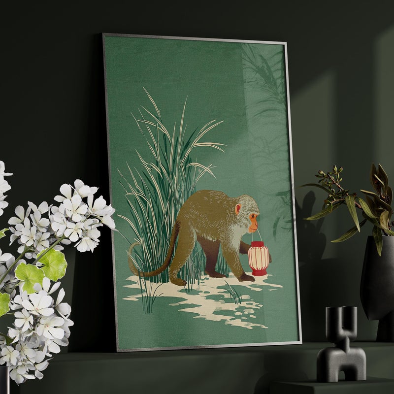 TNESSENTIAL Monkey with Lantern in the Reeds Wall Art Poster or Canvas Print, Ohara Koson Inspired Artwork, Green Earthy Animal Nature Print Wall Decor - Image 1