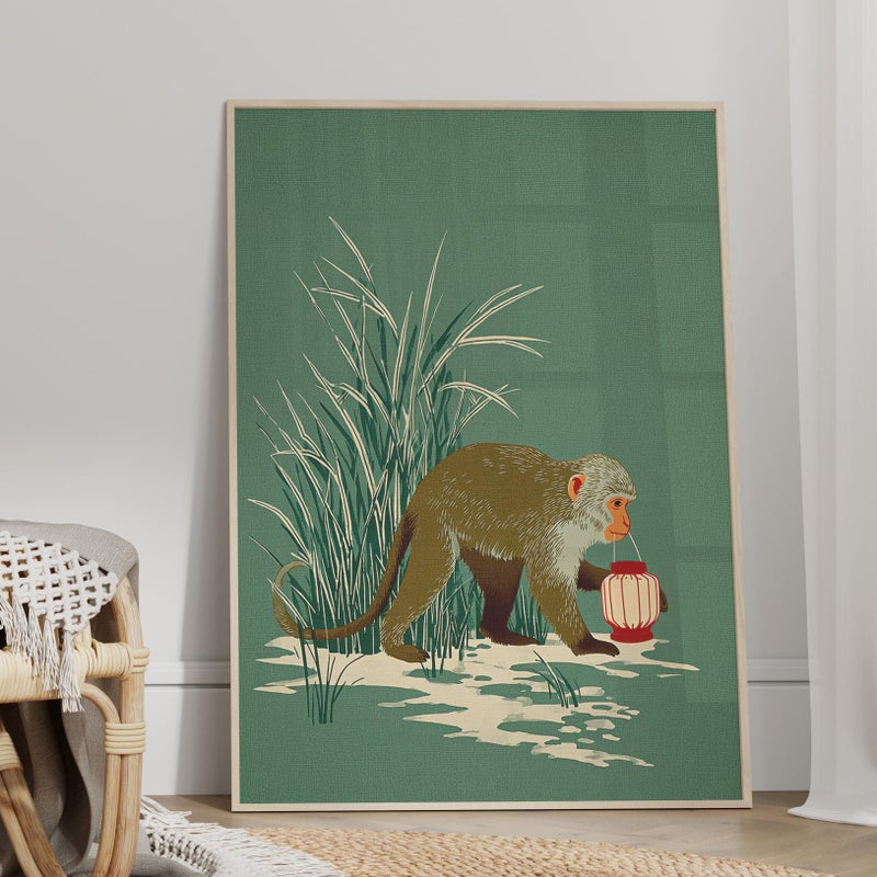 TNESSENTIAL Monkey with Lantern in the Reeds Wall Art Poster or Canvas Print, Ohara Koson Inspired Artwork, Green Earthy Animal Nature Print Wall Decor - Image 3