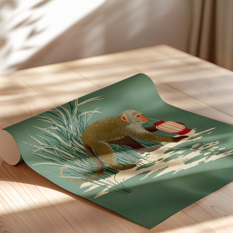TNESSENTIAL Monkey with Lantern in the Reeds Wall Art Poster or Canvas Print, Ohara Koson Inspired Artwork, Green Earthy Animal Nature Print Wall Decor - Image 2