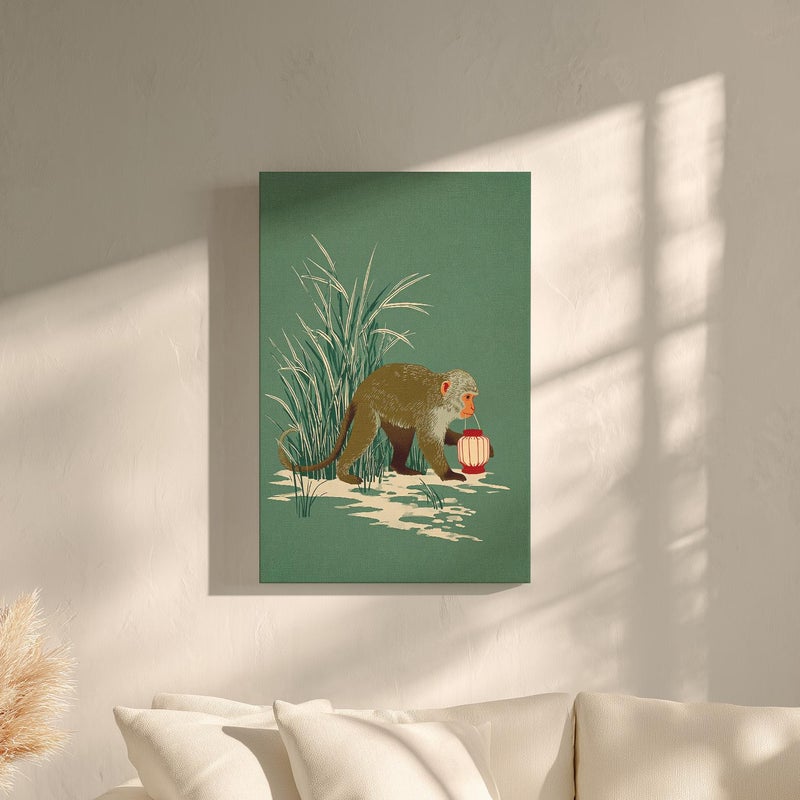 TNESSENTIAL Monkey with Lantern in the Reeds Wall Art Poster or Canvas Print, Ohara Koson Inspired Artwork, Green Earthy Animal Nature Print Wall Decor - Image 4