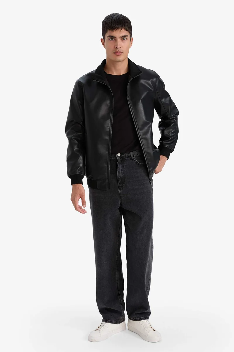 ديفاكتو Slim Fit Stand Collar Lined Faux Leather Jacket