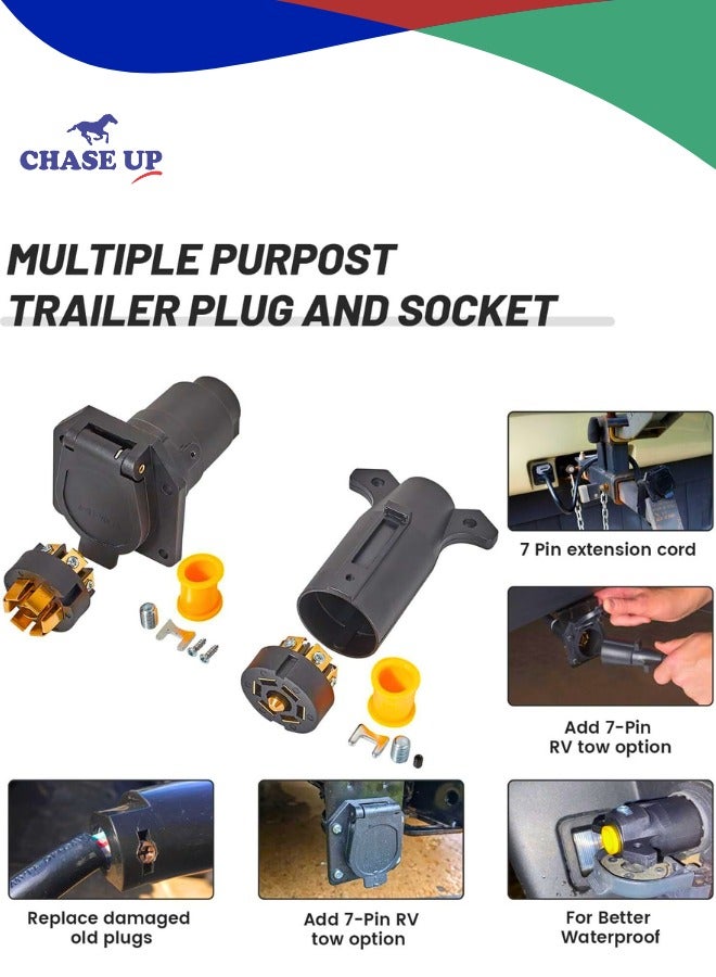Chase Up RV 7 Pin Male and Female Trailer Connector, Truck Side & Trailer End 7 Way Blade Style Replacement Trailer Plug and Receptacle Socket, Heavy Duty 7 Pole Flat Wiring Harness Connector Splice Kit  - Image 2