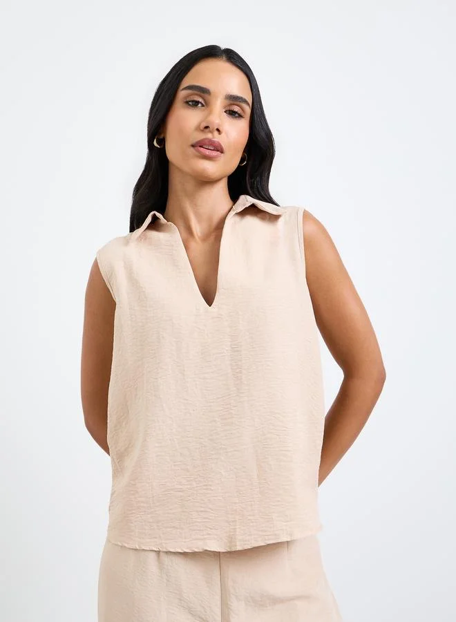 تايك تو Beige Open Collar Top and Pants Co-Ords Set