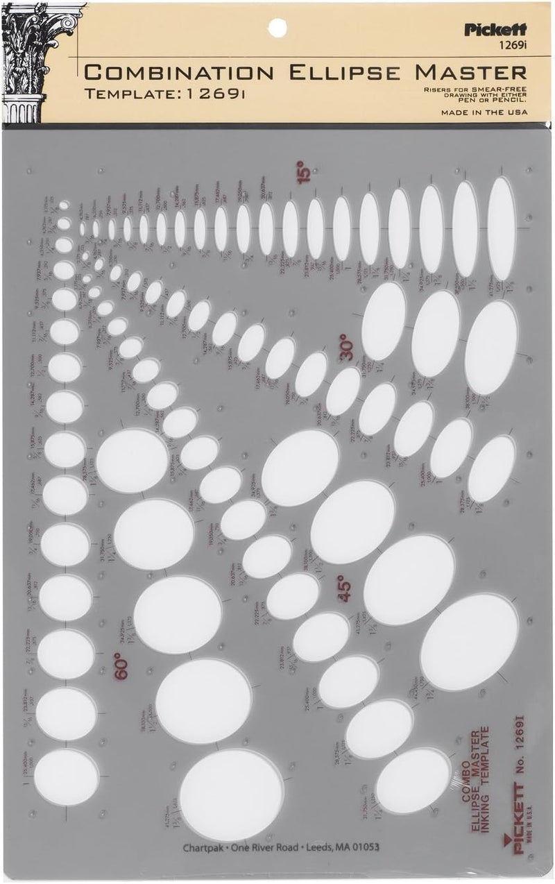 Combination Ellipse Master Template, 15 Degree, 30 Degree, 45 Degree and 60 Degree Projections, Gray (1269I)