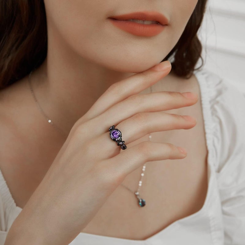 VOLUKA Synthetic Amethyst Ring for Women,18K Black Gold Plated Vintage Purple CZ Stone Wedding Band Gemstone Engagement Rings, Available Sizes 5-10 (10) - Image 4