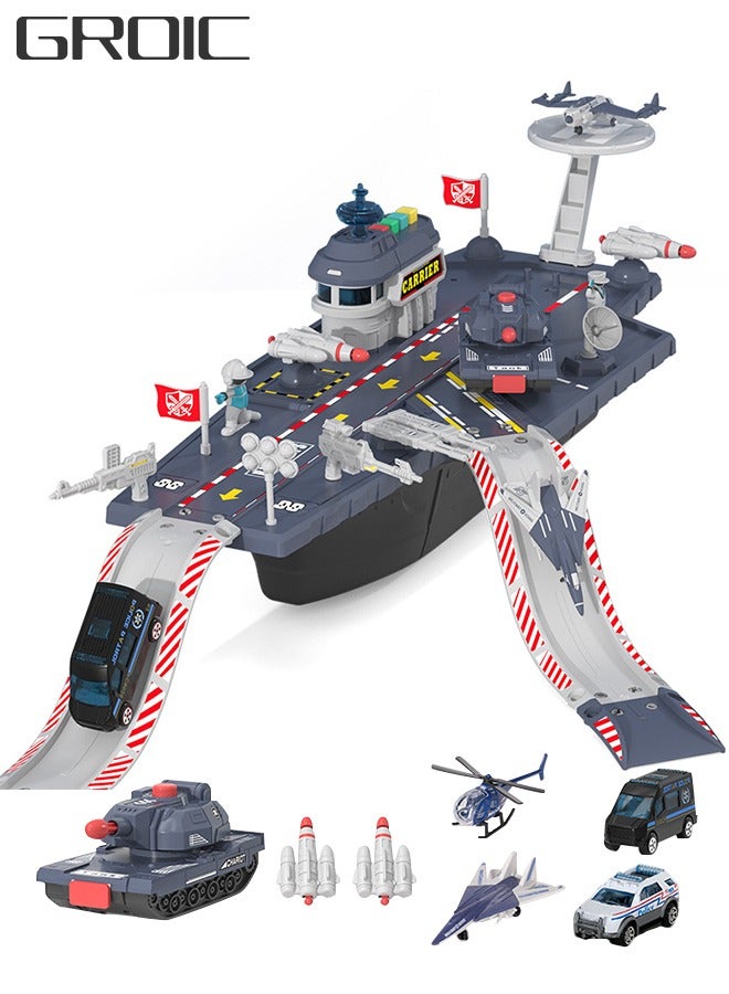 GROIC Aircraft Carrier Ship Toy for Kids, Aircraft Carrier Set with 2 Planes, 1 Tucker and 2 Police Cars and 2 Own Guns, Cannon, Track, Radar, Parking Apron, DIY Construction Educational Building Blocks Toy - Image 1