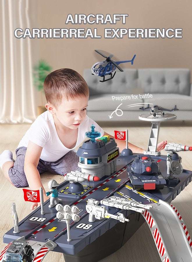 GROIC Aircraft Carrier Ship Toy for Kids, Aircraft Carrier Set with 2 Planes, 1 Tucker and 2 Police Cars and 2 Own Guns, Cannon, Track, Radar, Parking Apron, DIY Construction Educational Building Blocks Toy - Image 2