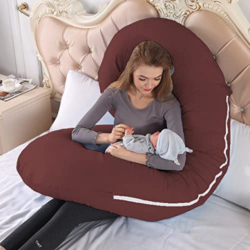 Linenovation Full Body Pregnancy Pillow - Maternity Pillow for Pregnant Women - C Shaped Body Pillow with 100% Cotton Pillow Cover-Maroon - Image 2