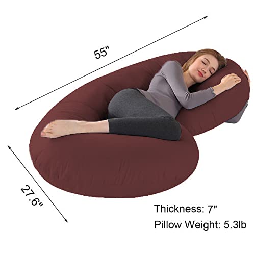 Linenovation Full Body Pregnancy Pillow - Maternity Pillow for Pregnant Women - C Shaped Body Pillow with 100% Cotton Pillow Cover-Maroon - Image 5