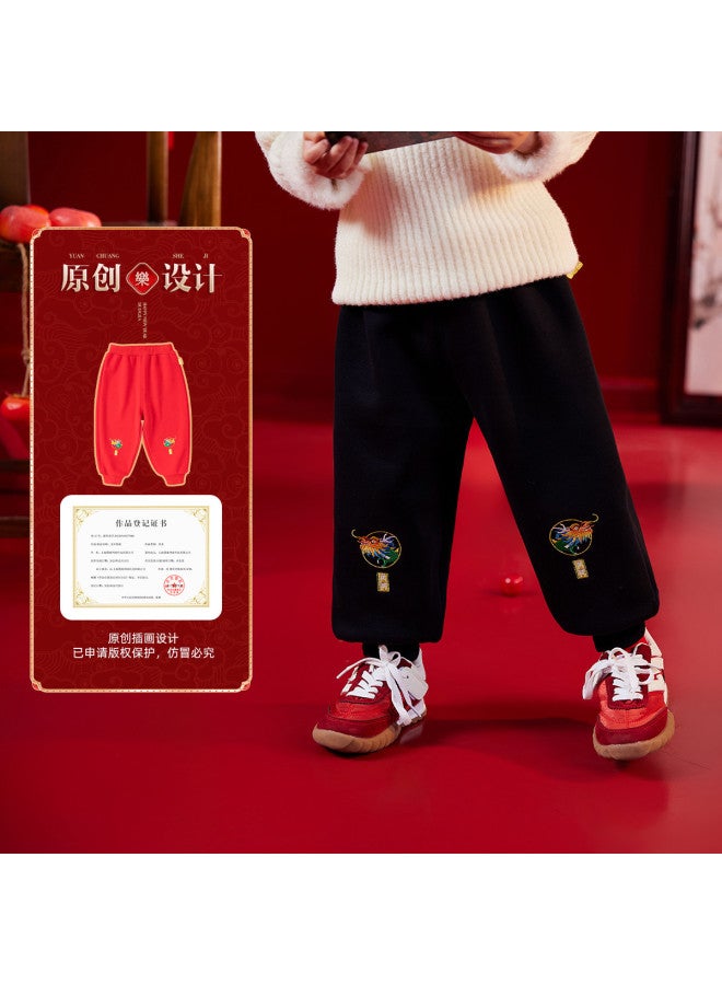 Doodle Home kids' Fleece-lined Pants - Boys' Chinese New Year Outfit & Girls' Red Joggers For Winter Festive Wear - Image 3
