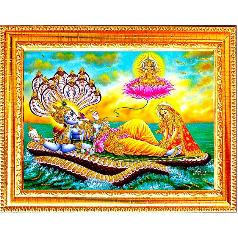 Suninow Vishnu laxmi Photo Frame Religious Framed Painting for Wall and PoojaHindu Bhagwan Devi Devta Photo FrameGod Poster for Puja 29 X 23 CM Vishnu laxmi 2 - Image 1