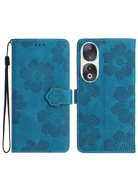 Case Cover For Honor 90 Flower Embossing Pattern Leather Phone Case Blue