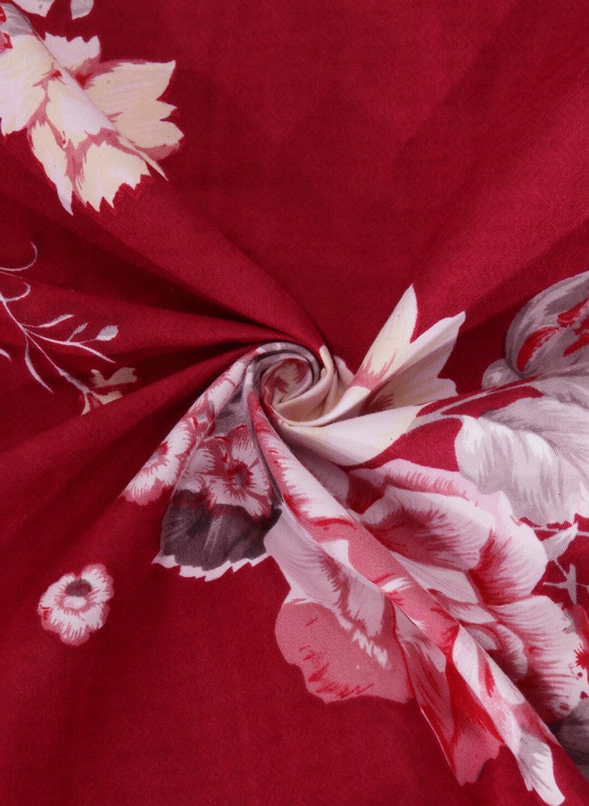 Arrabi Red Floral Cotton 300 TC Fitted King Fine Bedsheet with 2 Pillow Covers - Image 4