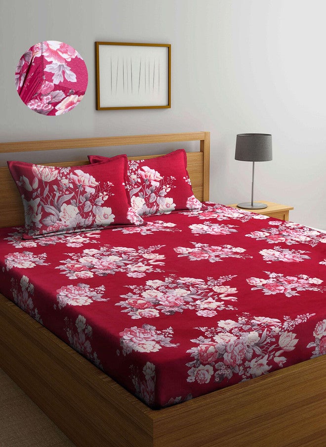 Arrabi Red Floral Cotton 300 TC Fitted King Fine Bedsheet with 2 Pillow Covers - Image 1