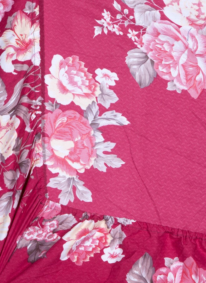 Arrabi Red Floral Cotton 300 TC Fitted King Fine Bedsheet with 2 Pillow Covers - Image 5