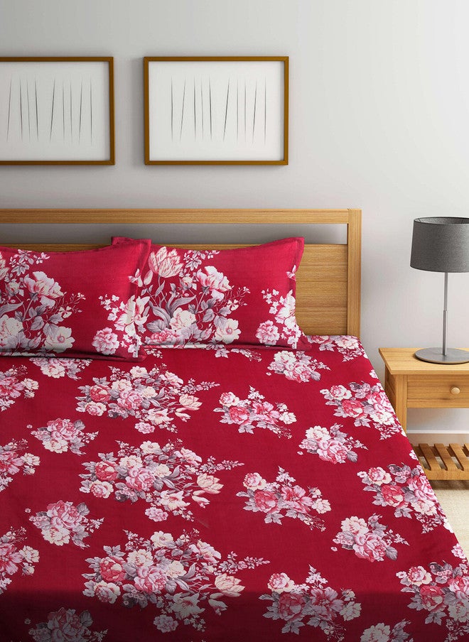 Arrabi Red Floral Cotton 300 TC Fitted King Fine Bedsheet with 2 Pillow Covers - Image 2