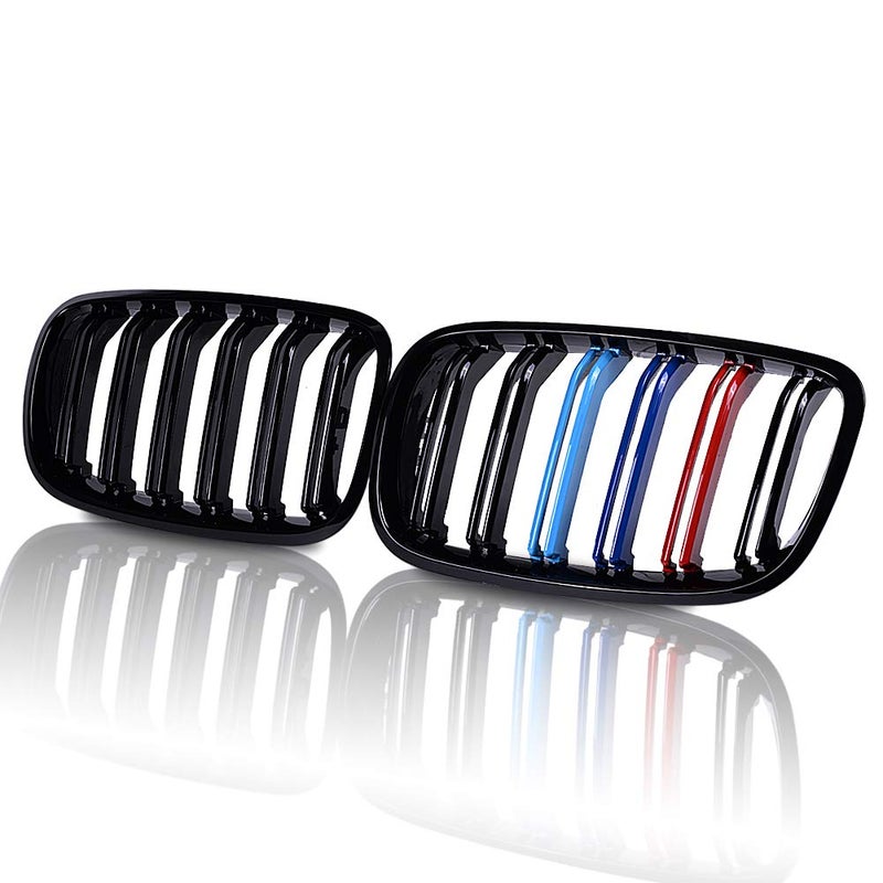 runmade Pair Front Hood Kidney Grille Center Bumper Sport Grill Compatible with BMW X series MutiColor Glossy Black Double Line 20072013 E70E71