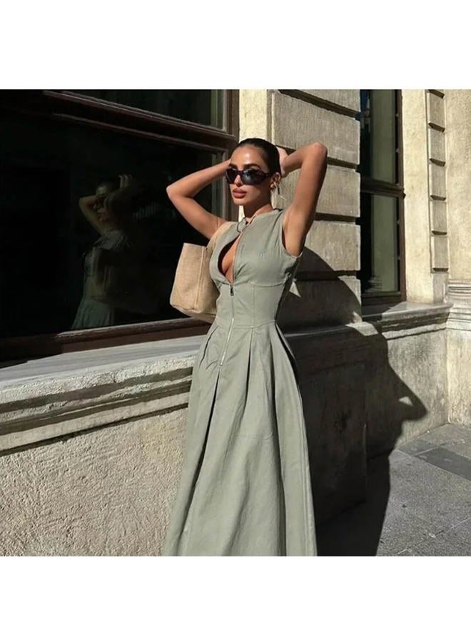 MEOKIM فستان صيفي غير رسمي للنساء بياقة على شكل V وأكمام قصيرة بسحاب أمامي فستان متوسط الطول مع جيوب، أخضر، S - Image 3