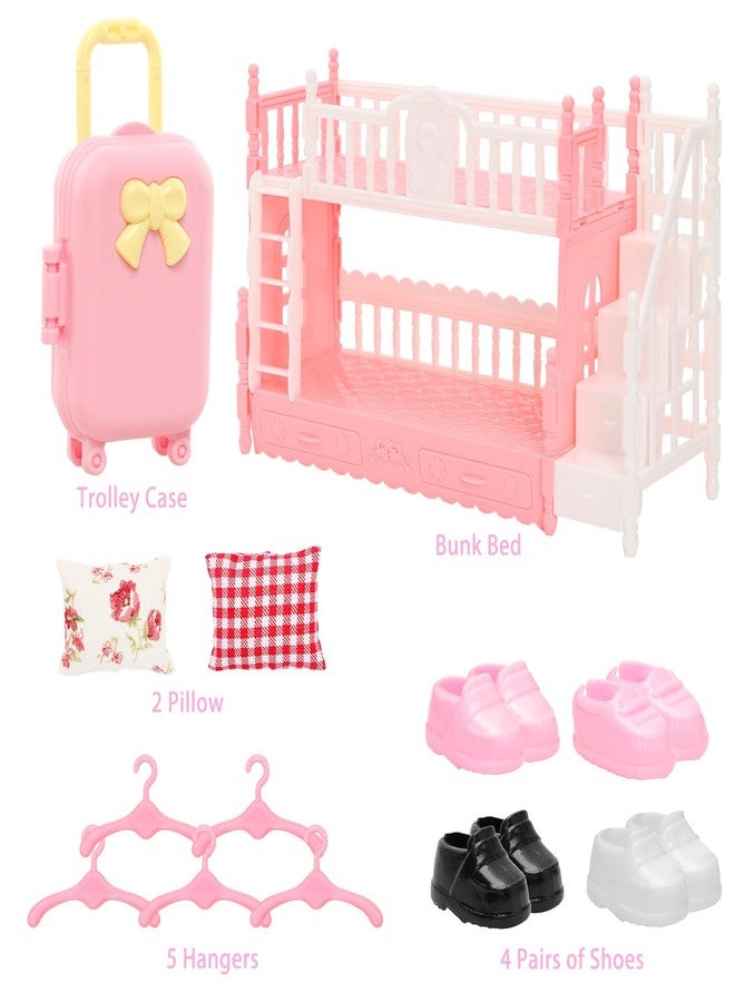 Miunana 24 Pcs Doll Clothes and Accessories 3 Princess Dresses 3 Sets Top and Pants 2 Swimsuits 4 Shoes Dollhouse Mini Bunk Bed Travel Suitcase with 2 Pillows, 5 Hangers for 5.3 Inch Dolls - Image 2