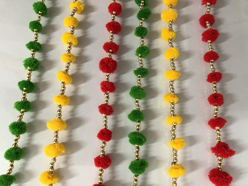 Aahum Aahum Handmade WallDoor Hangings 3FtStrings Red Yellow Green Color PomPom Torans Garland Bandhwar GoldenBells TempleGanesha Decoration Home Dcor DiwaliFestivalNavratriWeddingParty3 FT 6Strings - Image 5