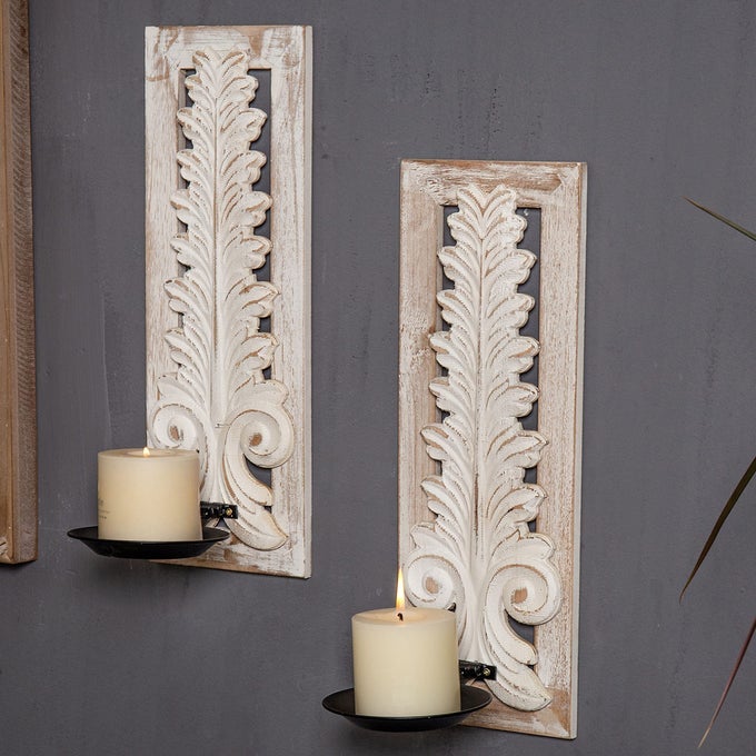 OPENWORK CARVING WALL CANDLE SCONCES SET OF TWO DISTRESSED WHITE FINISH WOODEN CANDLE HOLDER RUSTIC FARMHOUSE CANDLE WALL DECOR
