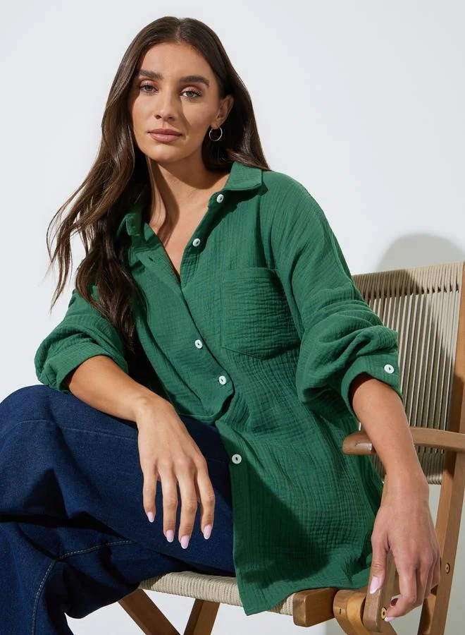 Styli Green Solid Long Sleeves Oversized Shirt