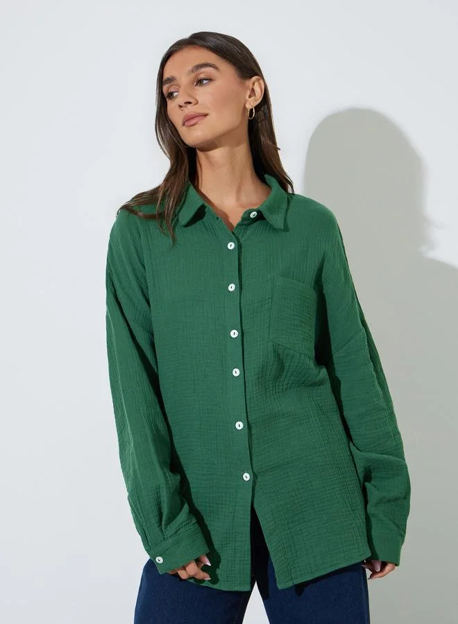 Styli Green Solid Long Sleeves Oversized Shirt