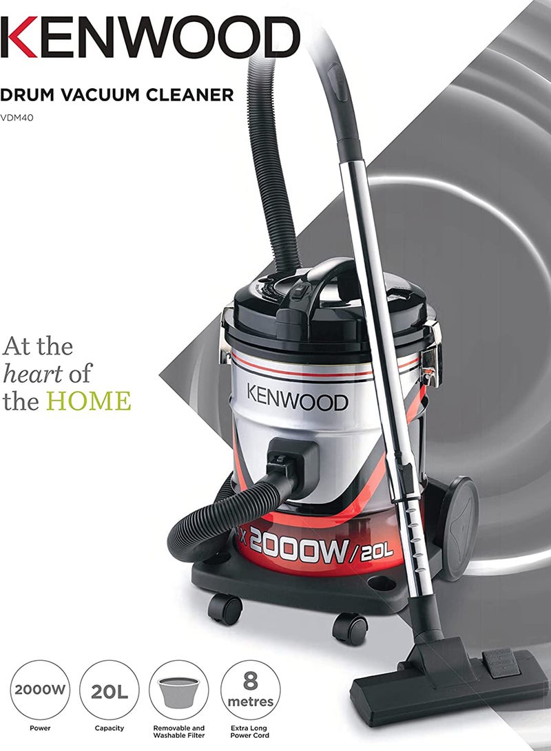 KENWOOD Drum Vacuum Cleaner, 8M Long Power Cord, Removable and Washable Filter 20 L 2000 W VDM40.000BR Silver - Image 3