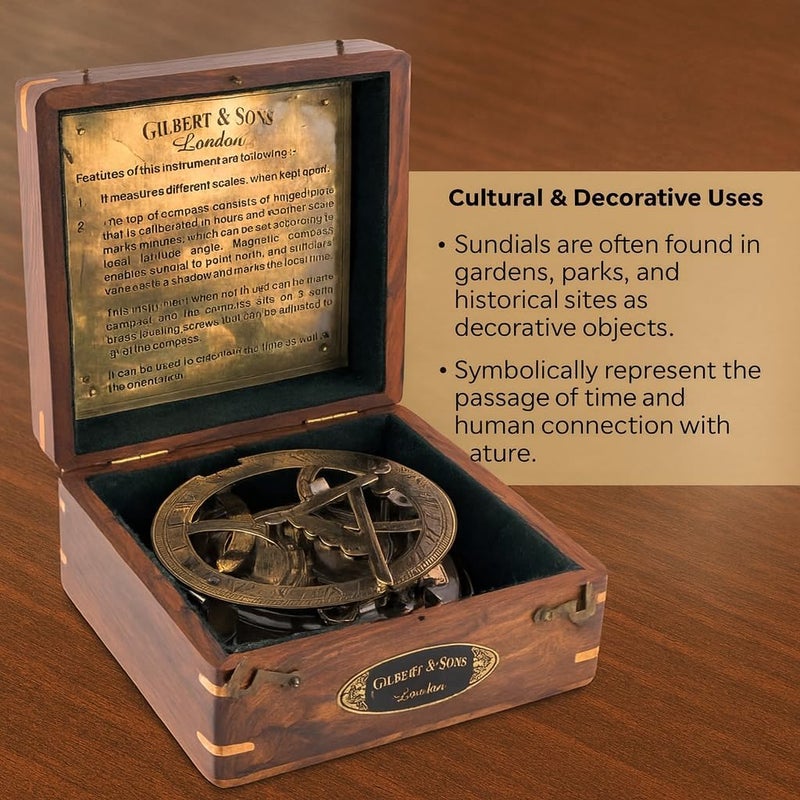 OCEAN REPLICAS Top Grade 5-Inch Sundial Vintage Nautical Marine Compass with Wooden Box Antique Brass Sun Clock for Decoration, Navigation, Gifts Ship Replica Maritime Compass - Image 5