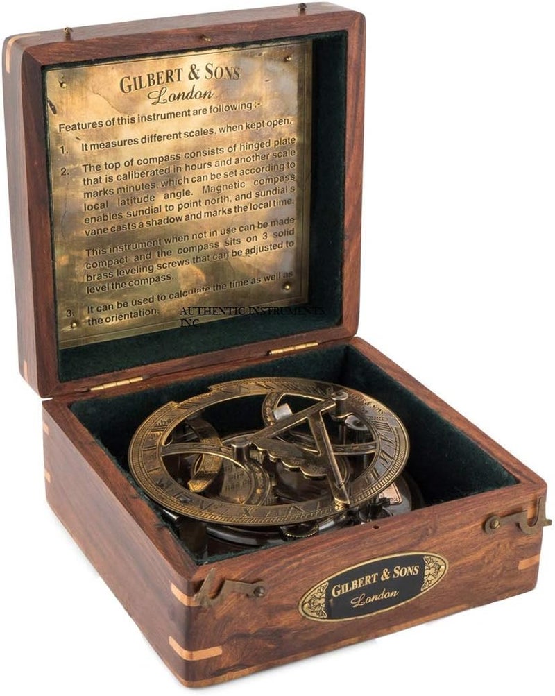 OCEAN REPLICAS Top Grade 5-Inch Sundial Vintage Nautical Marine Compass with Wooden Box Antique Brass Sun Clock for Decoration, Navigation, Gifts Ship Replica Maritime Compass - Image 1