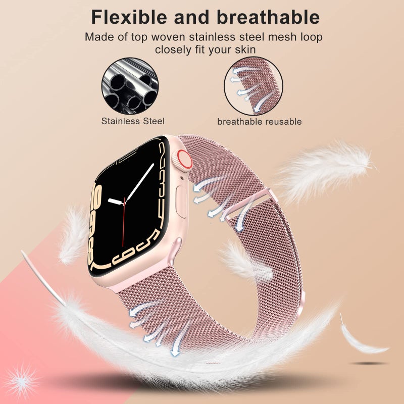 MARGE PLUS Compatible with Apple Watch Band Series 10, Ultra 2, SE, Ultra 9 8 7 6 5 4 Women and Men, Stainless Steel Mesh Loop Magnetic Clasp Replacement for iWatch Bands 38mm 40mm 41mm 42mm RosePink - Image 2