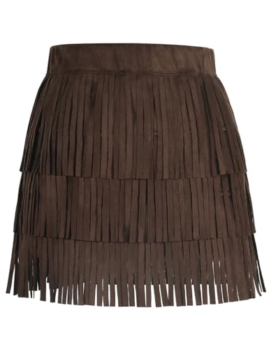 Noomelfish Girls Suede Fringe Skirt Boho Tassel Layered Ruffle Skirt, Coffee Brown, Size 7-8 Years - Image 1