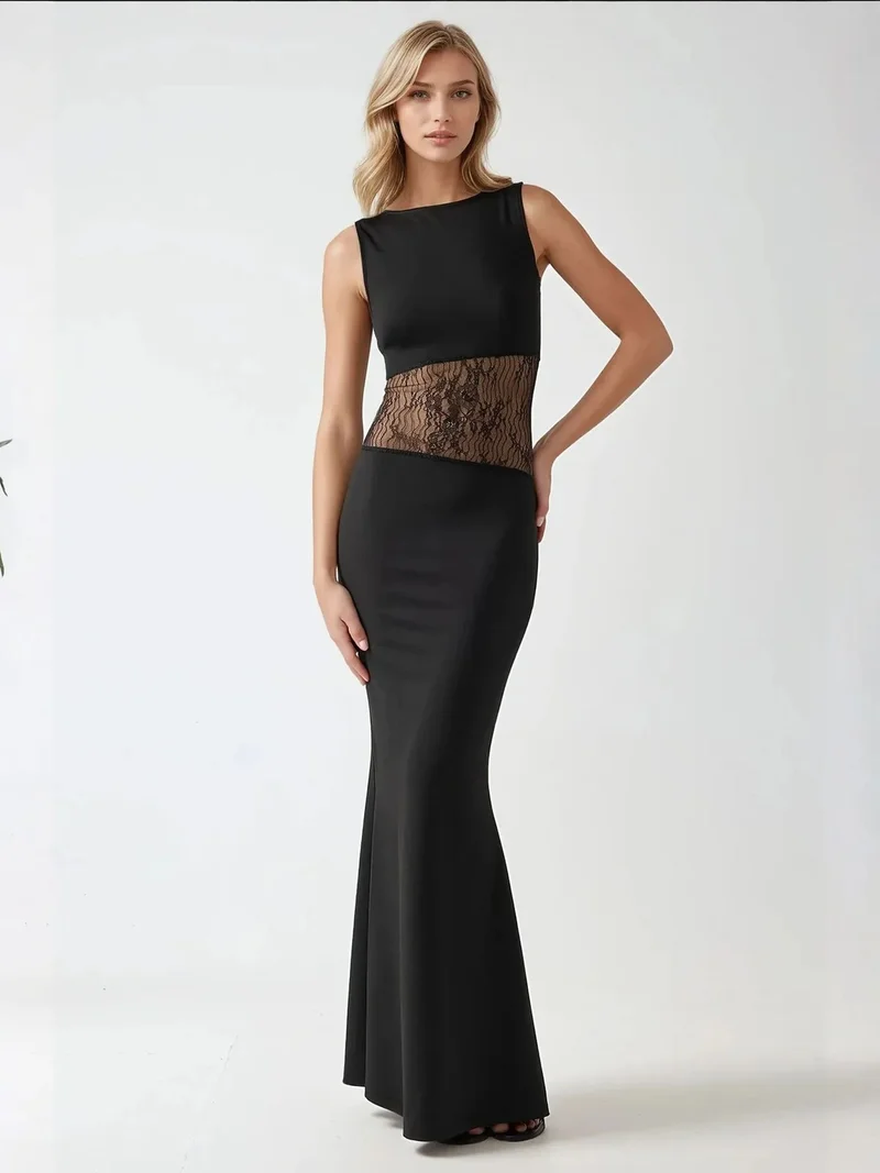 HICCUP Lace Bodycon Maxi Dress with Crew Neck