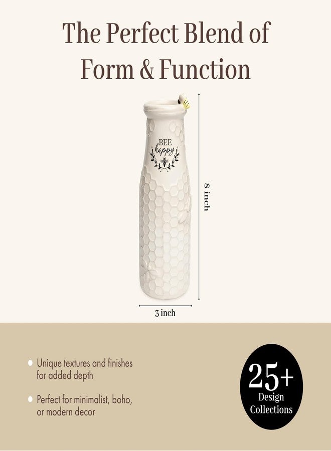 Young's Inc. Ceramic Flower Vase (Bee Happy) - White Ceramic Vase - Honeycomb Decor - 3" L x 3" W x 8" H Contains one Flower vase - Image 3