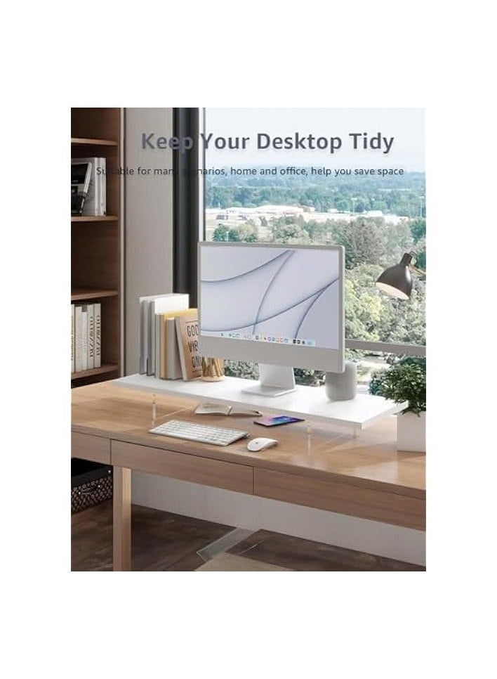 PROMASS White Monitor Stand Riser, 60cm Wood Monitor Stand for Desk, TV/Screen/PC/Printer/Laptop Riser, Computer Stand with Keyboard Organizer, Desktop Shelf, Monitor Riser - Image 3