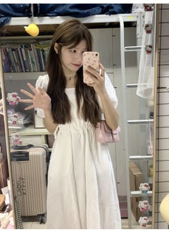 Sweet preppy style first love white dress elegant square collar slimming dress female student Korean style mid-length A- line skirt 8511 White Plus Neli