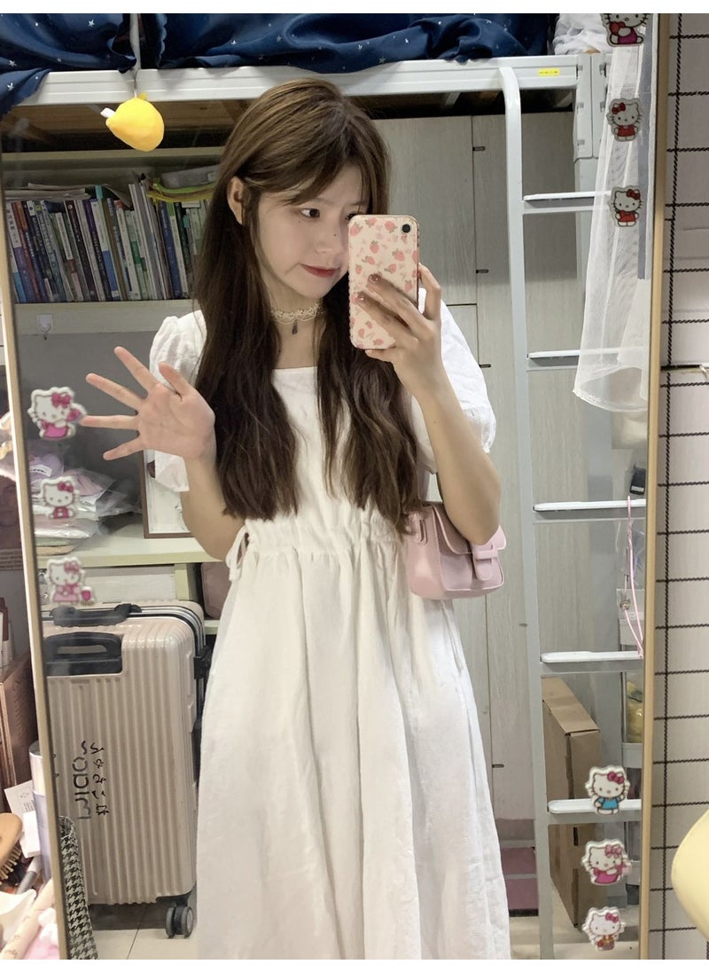 Generic - Sweet preppy style first love white dress elegant square collar slimming dress female student Korean style mid-length A- line skirt 8511 White Plus Neli - Image 1