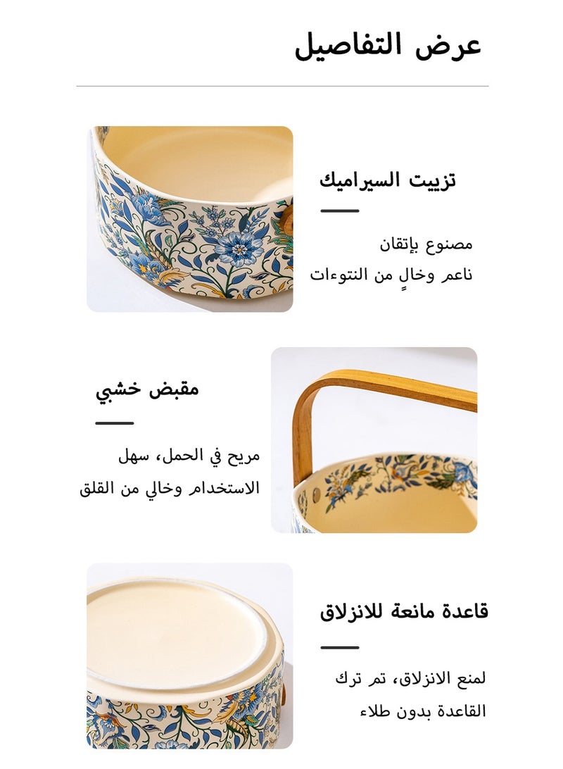 سلة تقديم سيراميك بالنمط الفرنسي بمقبض خشبي - طبق فواكه وحلويات بتصميم زهري لرمضان، الضيافة المنزلية، الحفلات، ديكور طاولة الطعام والهدايا - Image 4