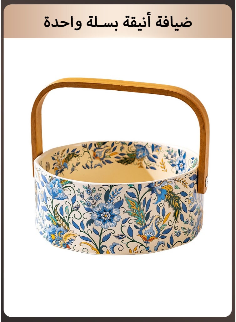 سلة تقديم سيراميك بالنمط الفرنسي بمقبض خشبي - طبق فواكه وحلويات بتصميم زهري لرمضان، الضيافة المنزلية، الحفلات، ديكور طاولة الطعام والهدايا - Image 1