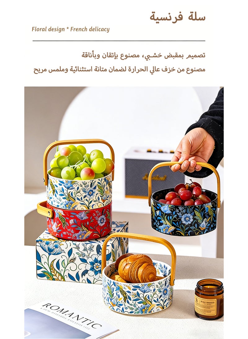 سلة تقديم سيراميك بالنمط الفرنسي بمقبض خشبي - طبق فواكه وحلويات بتصميم زهري لرمضان، الضيافة المنزلية، الحفلات، ديكور طاولة الطعام والهدايا - Image 3