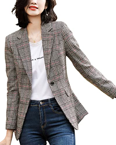 ebossy Women's Notch Lapel 2 Button Boyfriend Blazer Suit Houndstooth Plaid Jacket Coat (Medium, X-Light Grey) - Image 4