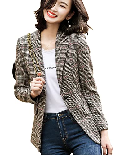 ebossy Women's Notch Lapel 2 Button Boyfriend Blazer Suit Houndstooth Plaid Jacket Coat (Medium, X-Light Grey) - Image 2