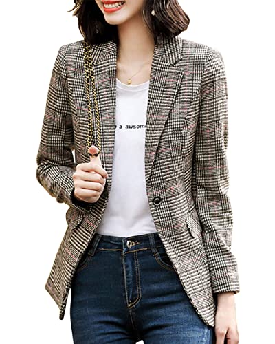 ebossy Women's Notch Lapel 2 Button Boyfriend Blazer Suit Houndstooth Plaid Jacket Coat (Medium, X-Light Grey) - Image 1