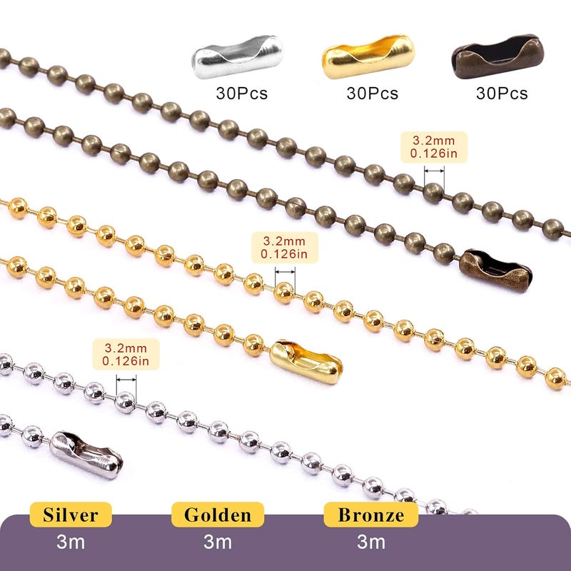 Swpeet Swpeet 3Pcs 3 Colors 120 Metal Ceiling Fan Pull Chain Extension with 90Pcs Matching Connectors Kit Durable Strong Bearing Rust Proof 3mm Beaded Extension Chains for Ceiling Fan or Light  - Image 2