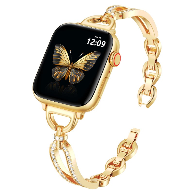 MOFREE Slim Metal Band Compatible with Apple Watch Bands for Women 38mm/40mm/41mm/42mm (Series 11/10), Thin Bracelet Strap Band for iWatch SE/9/8/7/6/5/4/3/2/1, Lightweight Dressy Women Bands Gold - Image 1