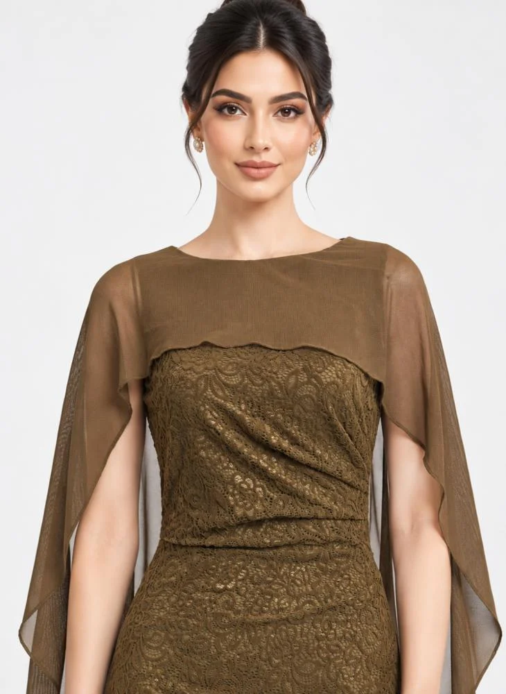 Opera Fashion Olive Velvet Lace and Chiffon Long Evening Dress