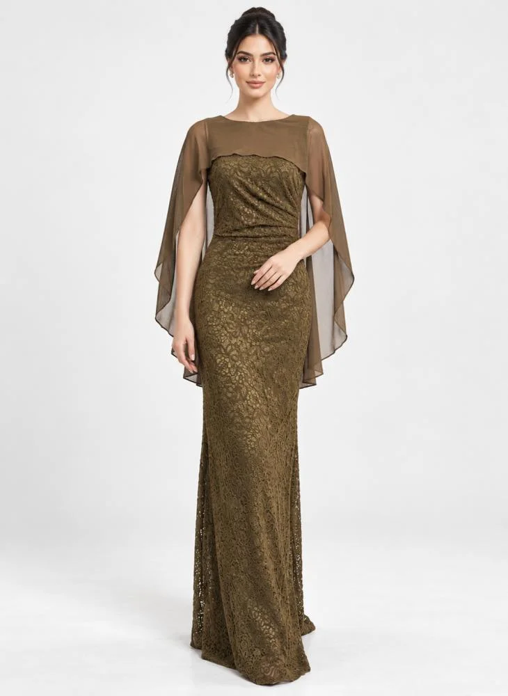 Opera Fashion Olive Velvet Lace and Chiffon Long Evening Dress